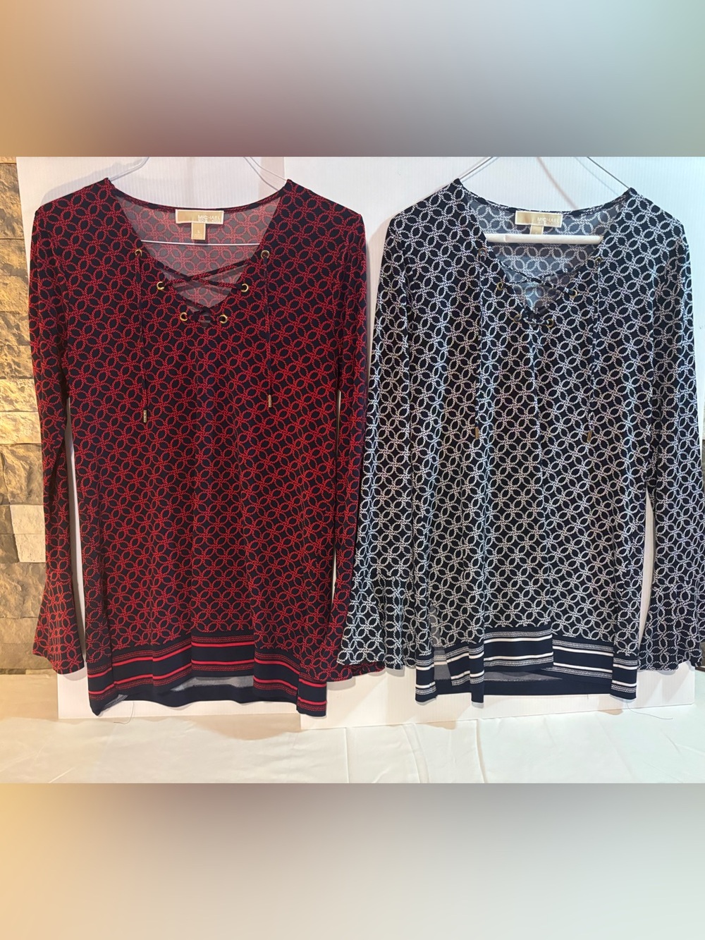 2 Michael Kors Red and Black/ Navy and White Lace-Up Geometric Pattern Tunic